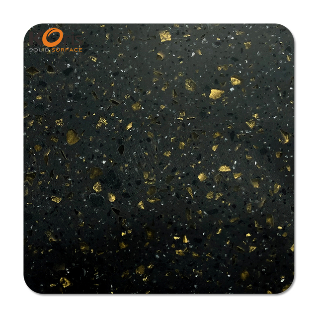 Koris Glitter Acrylic Sheets Artificial Stone Golden Spakling Black Acrylic Solid Surface Chips Color 6-30mm for Hotel Application