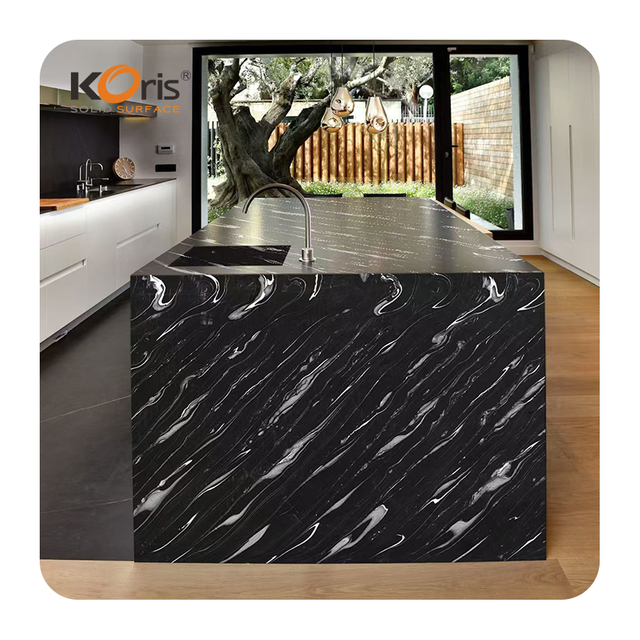 Koris Black Acrylic Solid Surface New Design CNC Cutting Sheets Artificial Stone for Dining Table And Kitchen Countertops