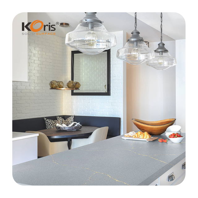 Artificial Solid Surface Stone Marble Texture Grey with Golden Sparkly Veins Modified Acrylic Solid Surface Slab for Countertop