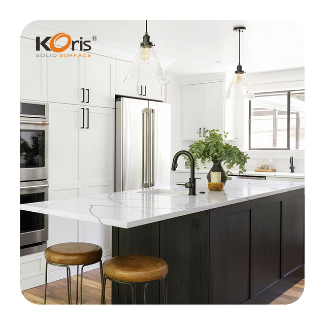 Koris Veins Colors Acrylic Solid Surface Artificial Marble White Solid Surface Kitchen Countertops for Hotel Projects