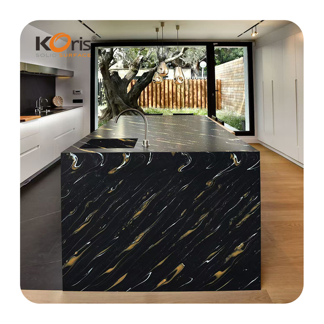 Koris Acrylic Solid Surface Marble Slabs Hotel Decor Black Artificial Stone For House